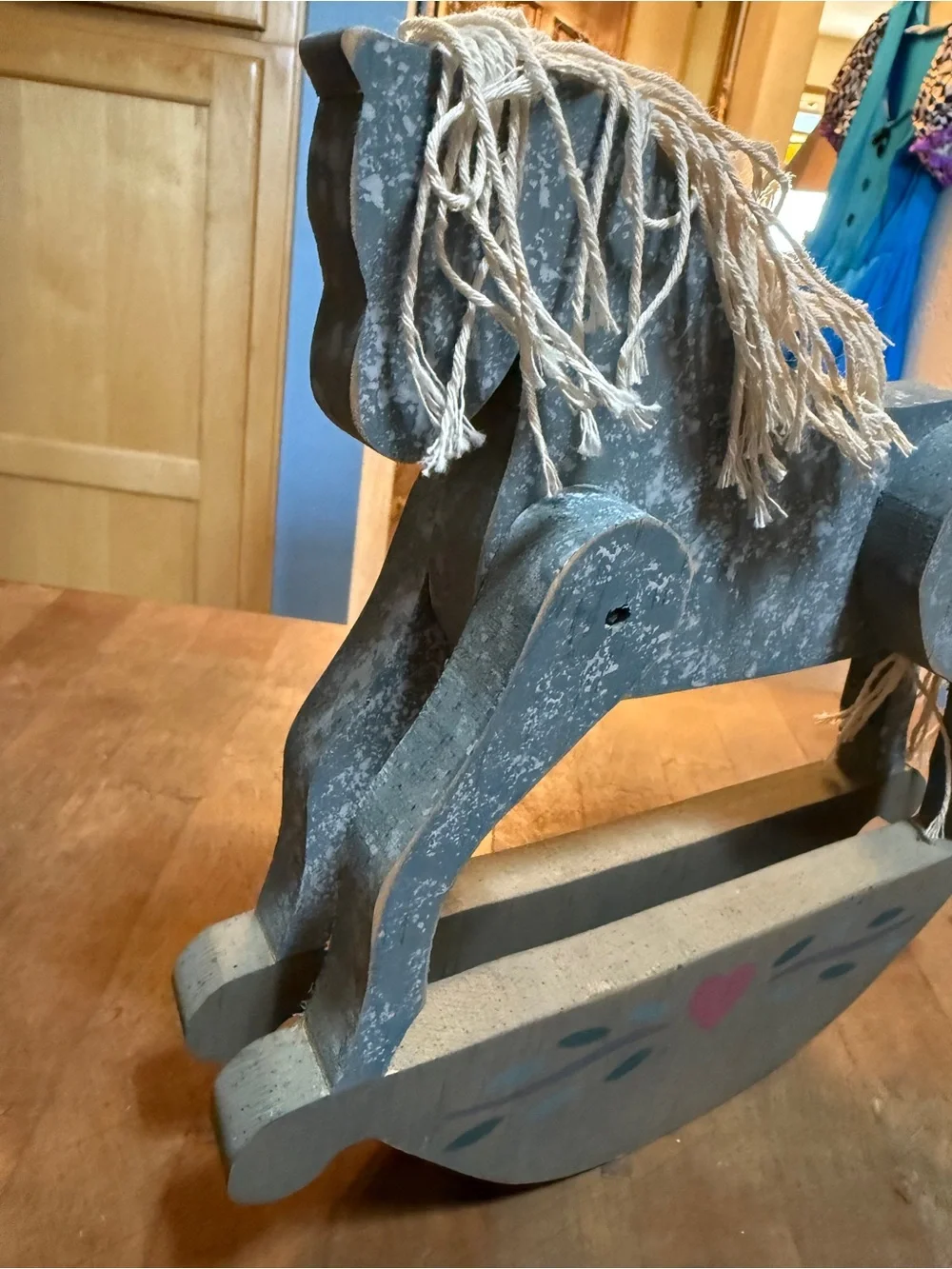 Vintage 90’s Folk Art Handcrafted Blue Wooden Rocking Horse Home Decor